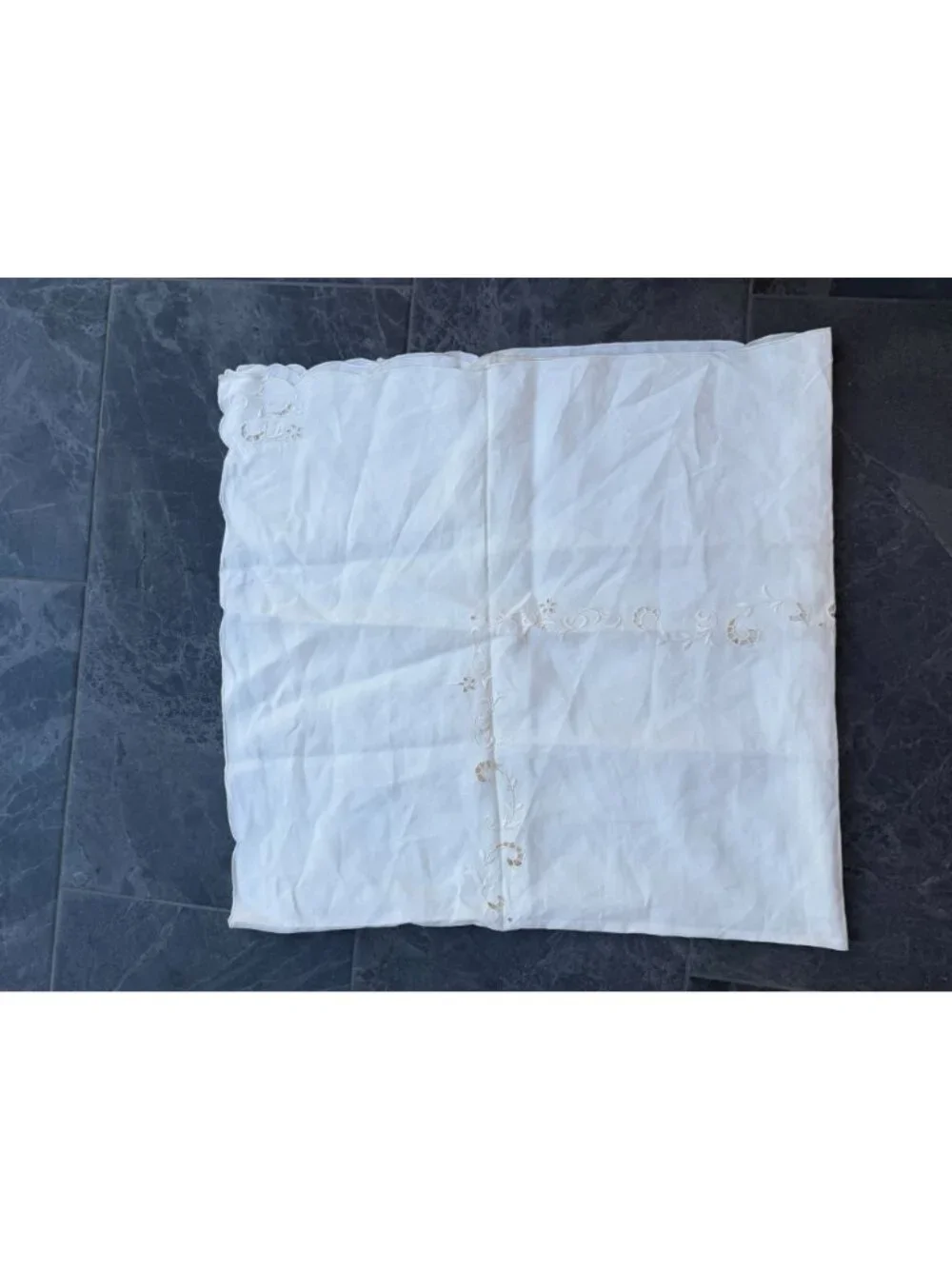 Madeira linen cotton table cloth square cream off white, floral details 44x44